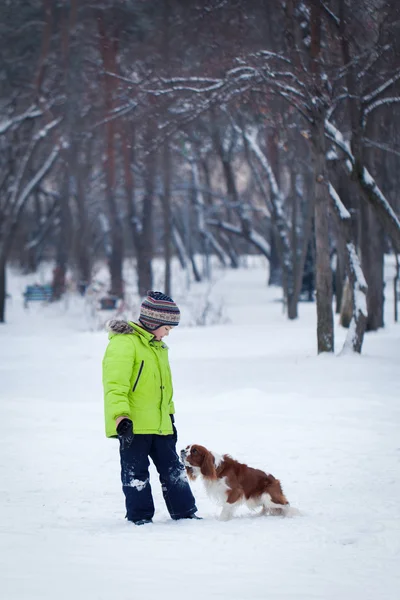 Criança feliz brincando com o cão ao ar livre no dia de inverno — Fotografia de Stock