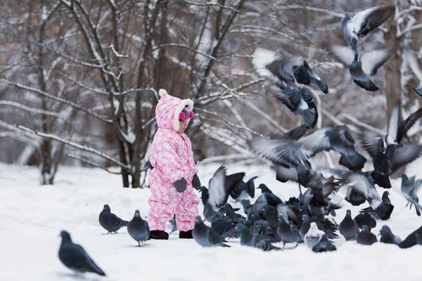 Niña bonita alimenta a los pájaros en el parque de nieve de invierno — Foto de Stock