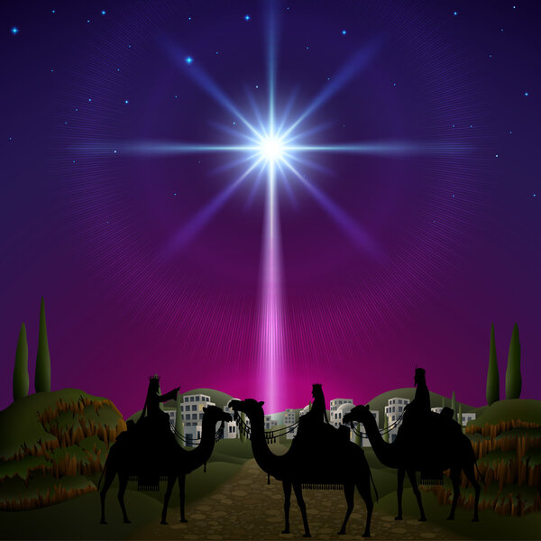 Three wise men follow the star of Bethlehem