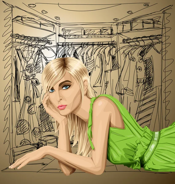 Fashion blondin i grön klänning — Stock vektor