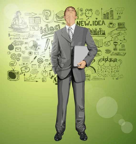 Homme d'affaires en costume avec ordinateur portable — Image vectorielle