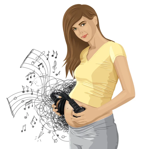 Donna incinta con cuffie — Vettoriale Stock