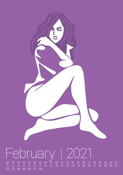 Vektorerotischer Kalender 2021 Annual Wall Calendar Layout Sexy Woman Illustration — Stockvektor