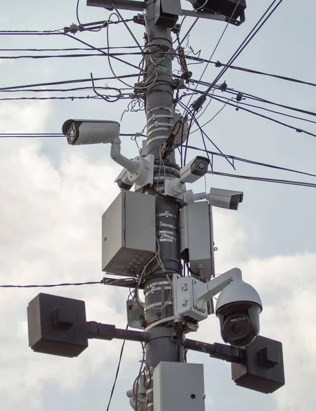 Cctv Secure Camera Installed Pole Lot Communication Wires Messy Wire — Foto de Stock