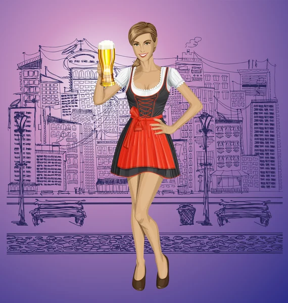 Mujer en drindl con cerveza — Vector de stock