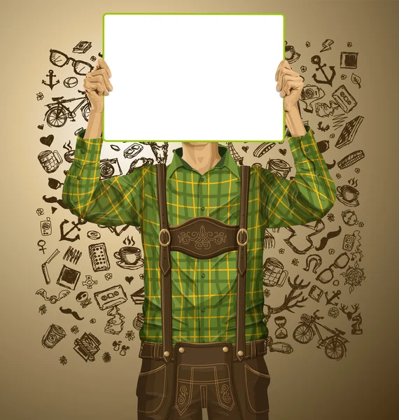 Homme en lederhosen avec tableau d'écriture — Image vectorielle
