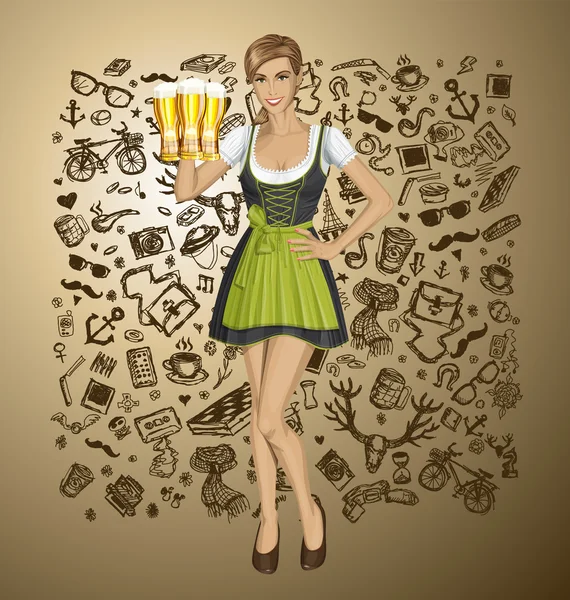 Vrouw in drindl met bier — Stockvector