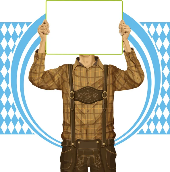 Hombre en lederhosen con tablero de escritura — Vector de stock