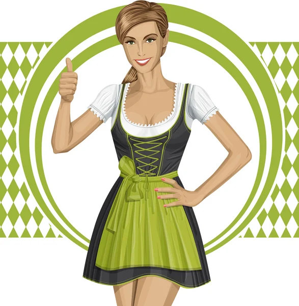 Mujer en drindl en oktoberfest con cerveza — Vector de stock