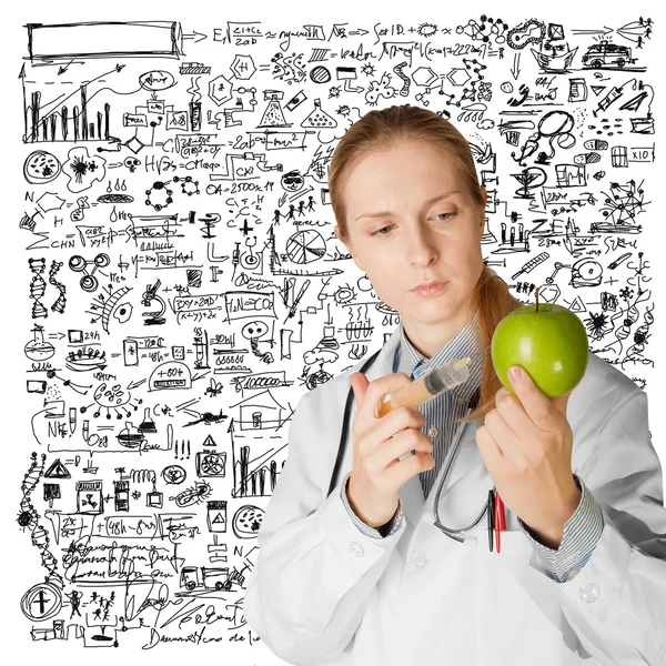 Científica mujer con manzana — Foto de Stock