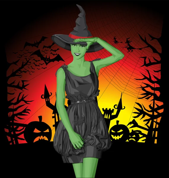 Sorcière verte à Halloween — Image vectorielle