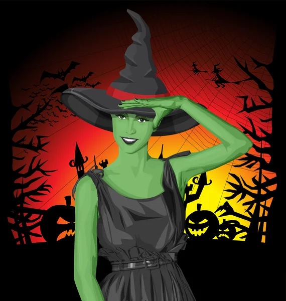 Zelená čarodějnice na halloween — Stockový vektor