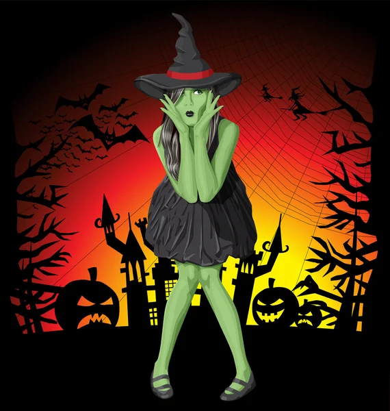 Bruja verde en Halloween — Vector de stock