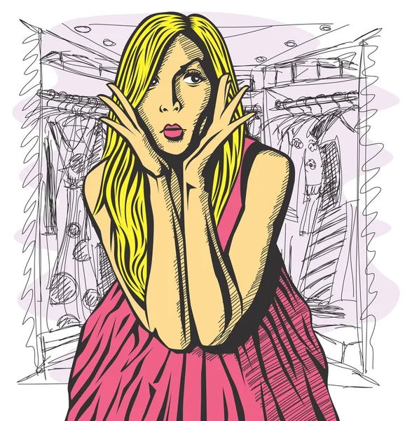 Blonde surprise en robe rose — Image vectorielle