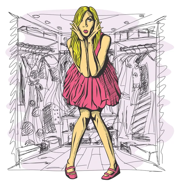 Rubia sorprendida en vestido rosa — Vector de stock