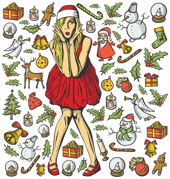 Cartão de Natal com mulher — Vetor de Stock