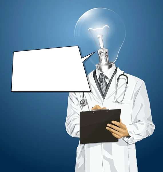 Docteur avec tête de lampe écriture sur presse-papiers — Image vectorielle