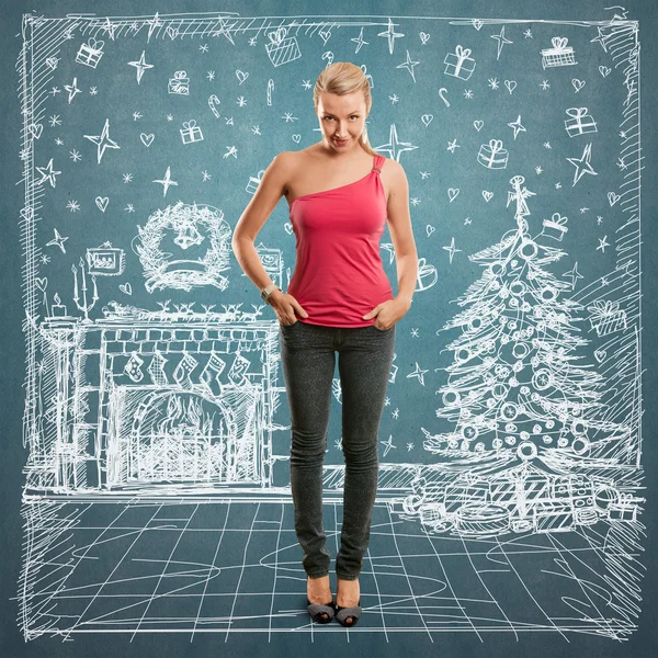 Vrouw op zoek naar de giften van Kerstmis — Stockfoto