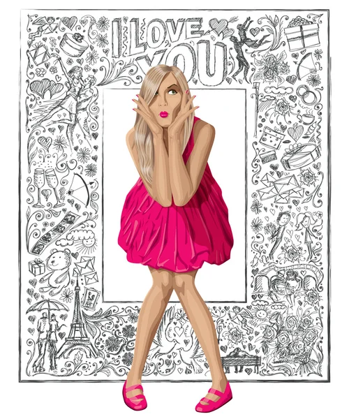 Femme blonde surprise en robe rose — Image vectorielle