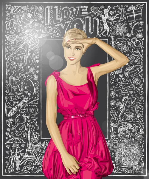 Femme blonde en robe rose — Image vectorielle