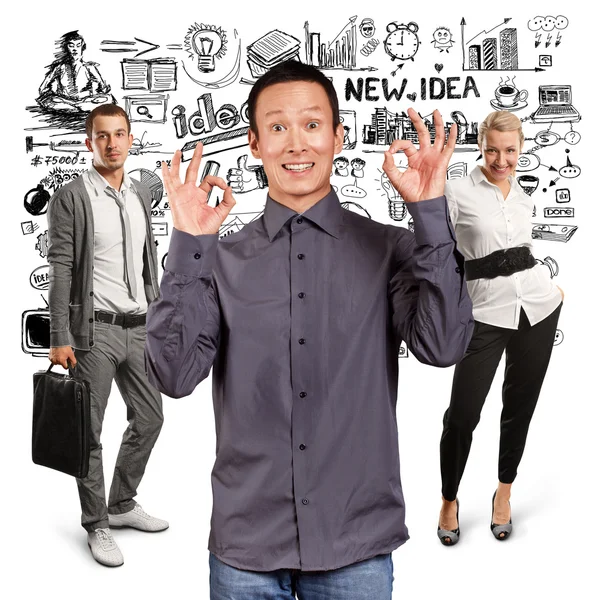 Teamwork and Asian Man Shows OK — Stock Photo, Image