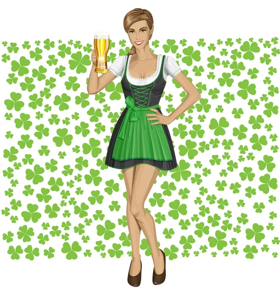 Mujer sosteniendo cerveza en el día de San Patricio — Vector de stock