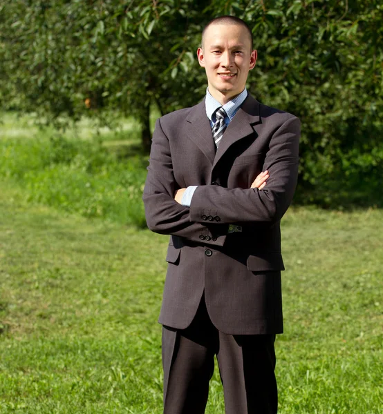 Zakenman op groen gras — Stockfoto