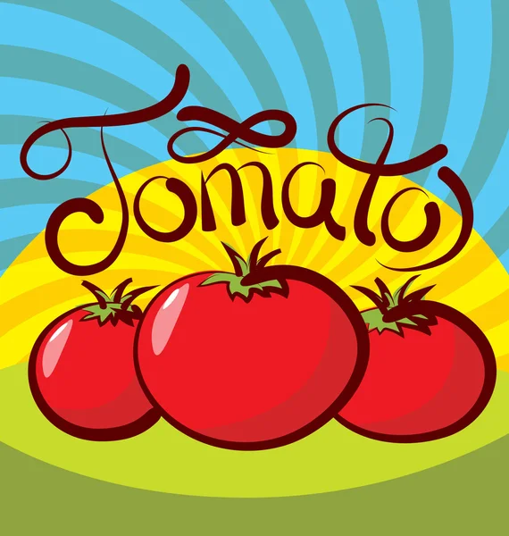 Drie tomaten met kalligrafische inscriptie — Stockvector