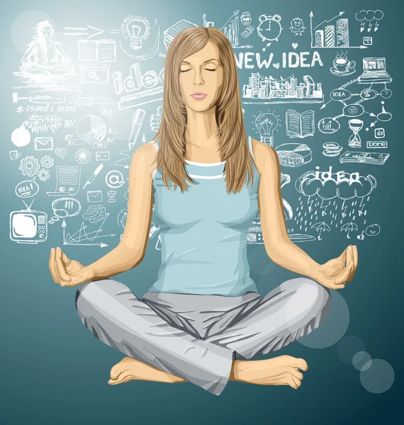 Mujer meditando en pose de loto — Vector de stock