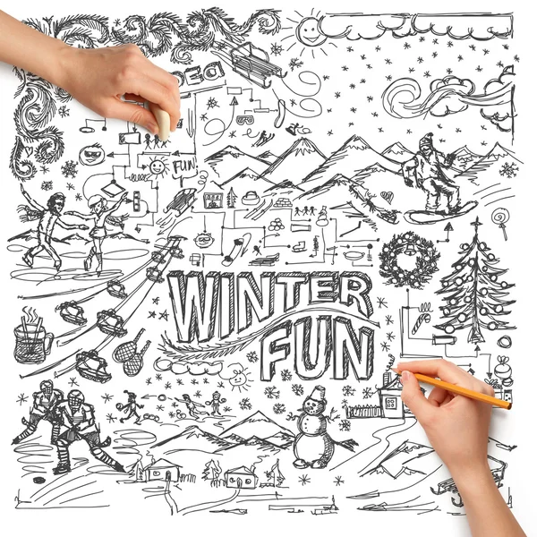 Idea inverno divertente sfondo e mani umane — Foto Stock