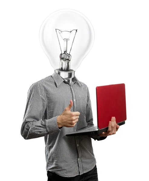 Lampenkopf Mann mit Laptop — Stockfoto