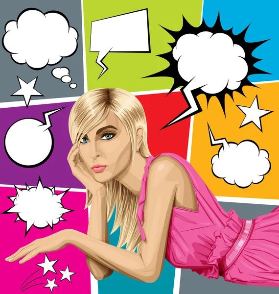 Blonde in roze en spraak bubbels — Stockvector