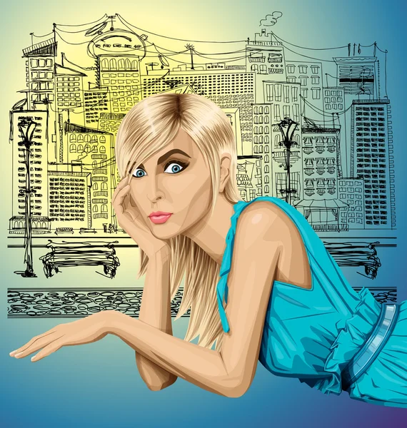 Rubia en vestido azul — Vector de stock