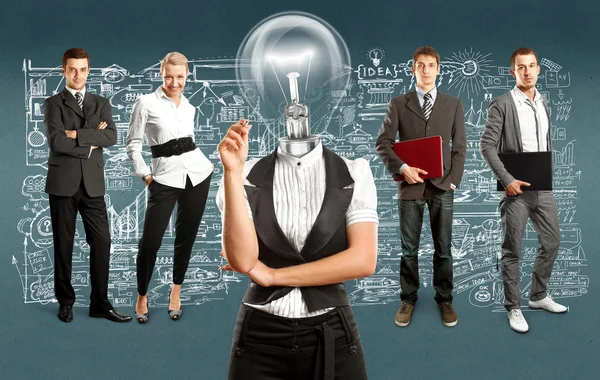 Lamp head businesswoman and business team — Stock Photo, Image