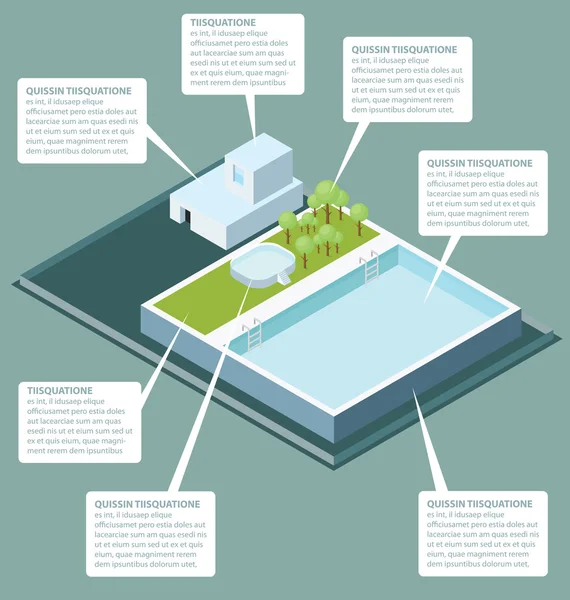 Plat isometrische dak met Water zwembad — Stockvector