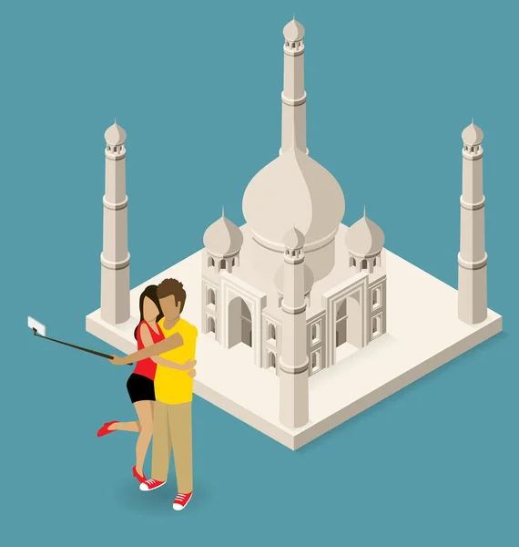 Couple Making Selfie Near  Taj Mahal — Stock Vector