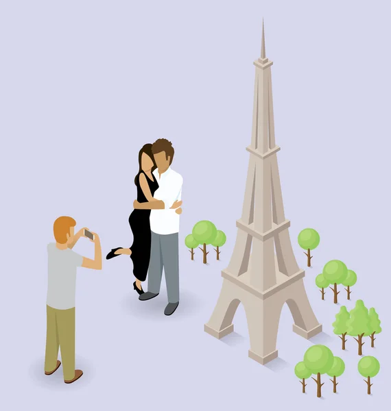 Casal fazendo selfie perto da Torre Eiffel —  Vetores de Stock