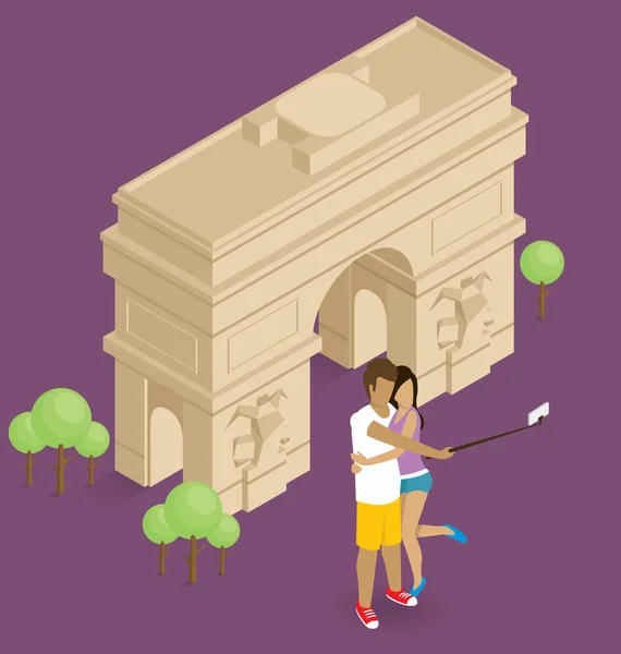 Пара, роблячи Selfie поблизу Тріумфальна арка — стоковий вектор