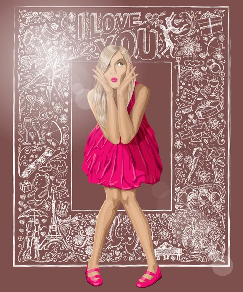 Verrast blonde in roze jurk — Stockvector