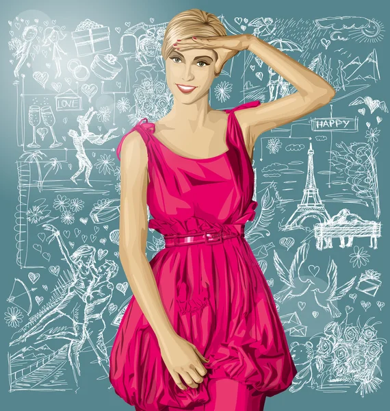 Blonde surprise en robe rose — Image vectorielle