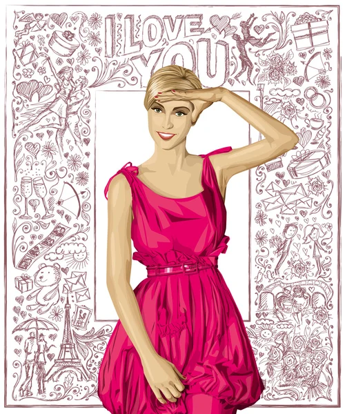 Loira surpreso em vestido rosa —  Vetores de Stock