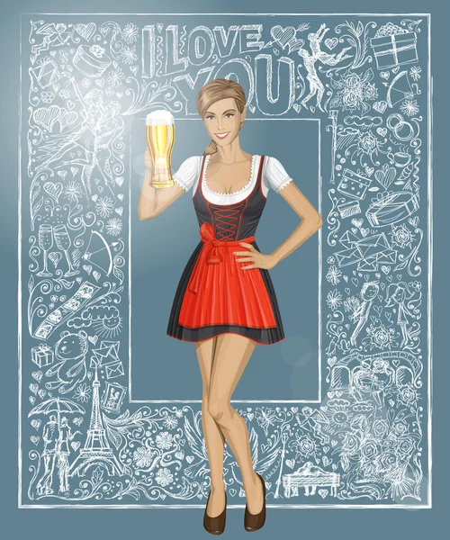 Cute kobietę w Drindl z piwem — Wektor stockowy