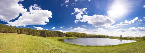 Paisagem Verão Com Lago Floresta Panoarama Grande Resolução Para Impressão — Fotografia de Stock