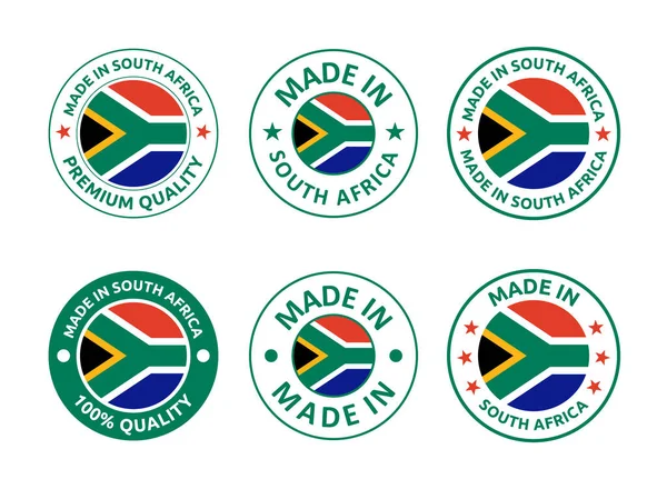 Hecho en Sudáfrica etiquetas conjunto, emblema del producto República de Sudáfrica — Vector de stock