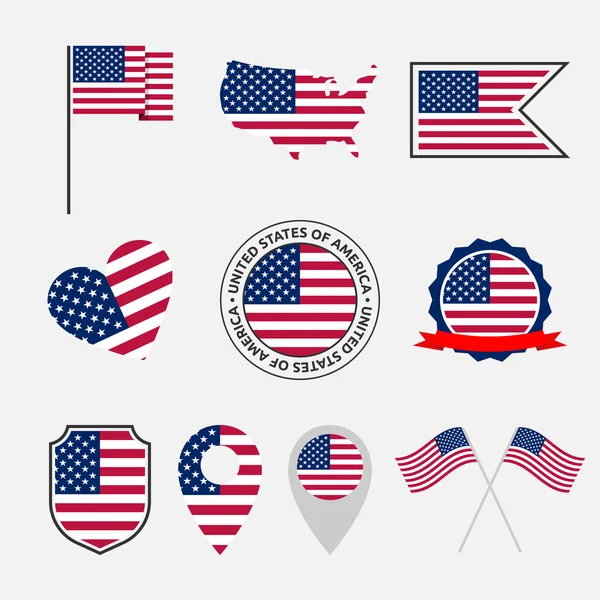 Etats-Unis ensemble d'icônes drapeau, symbole national des États-Unis d'Amérique — Image vectorielle