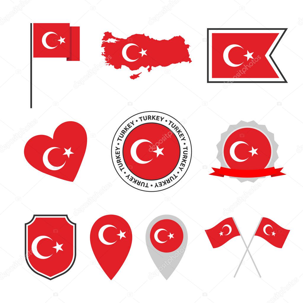 Turkey flag icon set, flag of the Republic of Turkey symbols