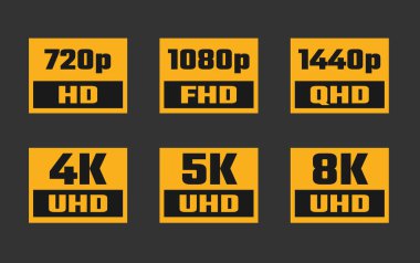 Ekran Çözünürlüğü simgesi seti, 4K UHD, 5K, 8K, Dörtlü HD, Tam HD ve HD çözünürlük