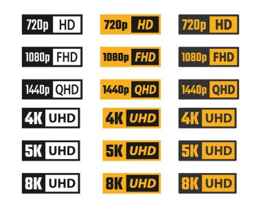 4K UHD, 5K, 8K, Dörtlü HD, Tam HD ve HD video veya ekran çözünürlük işaretleri