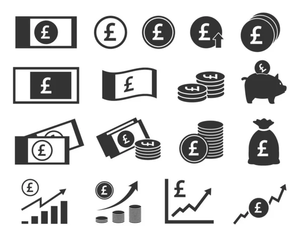 Moedas e ícones de notas de libra esterlina, conjunto de sinais de moeda britânicos — Vetor de Stock