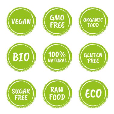 Sağlıklı gıda ikonu seti, doğal ürün etiketleri, vejetaryenler için organik etiketler.